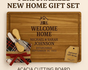 "Holiday cutting board personalization guide showing two engraved design options. Design 3 features a wreath with a house and trees and the words 'Home for the Holidays,' with space for a family name underneath. Design 4 features hanging Christmas ornaments with the phrase 'Merry Christmas' and customizable family names and children’s names at the bottom. The layout highlights areas where personalization can be added."