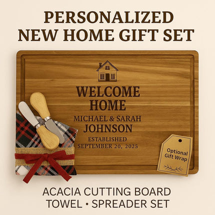 "Holiday cutting board personalization guide showing two engraved design options. Design 3 features a wreath with a house and trees and the words 'Home for the Holidays,' with space for a family name underneath. Design 4 features hanging Christmas ornaments with the phrase 'Merry Christmas' and customizable family names and children’s names at the bottom. The layout highlights areas where personalization can be added."