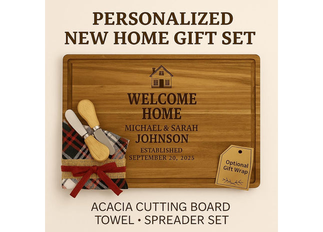 &quot;Holiday cutting board personalization guide showing two engraved design options. Design 3 features a wreath with a house and trees and the words &#39;Home for the Holidays,&#39; with space for a family name underneath. Design 4 features hanging Christmas ornaments with the phrase &#39;Merry Christmas&#39; and customizable family names and children’s names at the bottom. The layout highlights areas where personalization can be added.&quot;