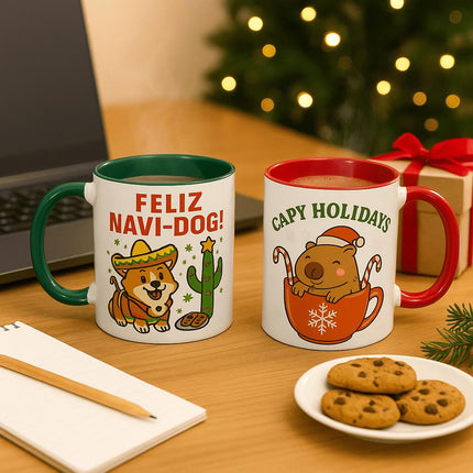 "Two festive Christmas mugs on a wooden desk beside a notepad, pencil, and plate of chocolate chip cookies. One mug features a corgi in a sombrero with the text 'Feliz Navi-Dog!' and a green handle, while the other shows a capybara in a red mug with candy canes and the text 'Capy Holidays.' A wrapped gift, laptop, and blurred Christmas tree with lights create a cozy holiday office setting."