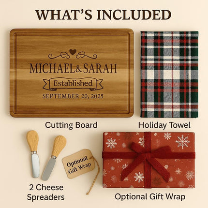 "Display of what's included in a personalized cutting board gift set. Items shown are an engraved acacia cutting board with the names 'Michael & Sarah' and an established date, a folded holiday plaid towel, two wooden-handled cheese spreaders, and an optional gift-wrapped box with a red snowflake design and ribbon."