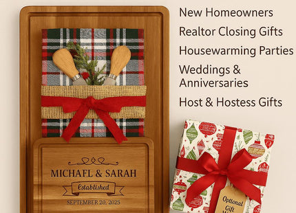 &quot;Personalized acacia cutting board gift set displayed with a holiday plaid towel, two cheese spreaders, and an optional gift-wrapped box. Text reads, &#39;The perfect gift for: New Homeowners, Realtor Closing Gifts, Housewarming Parties, Weddings & Anniversaries, Host & Hostess Gifts.&#39; The cutting board is engraved with the names &#39;Michael & Sarah&#39; and an established date.&quot;