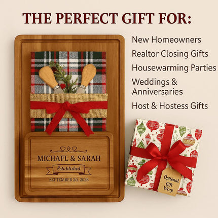 "Personalized acacia cutting board gift set displayed with a holiday plaid towel, two cheese spreaders, and an optional gift-wrapped box. Text reads, 'The perfect gift for: New Homeowners, Realtor Closing Gifts, Housewarming Parties, Weddings & Anniversaries, Host & Hostess Gifts.' The cutting board is engraved with the names 'Michael & Sarah' and an established date."