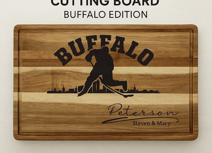 Buffalo Acacia Cutting Board Personalized for Hockey Fans with Gift Set Option