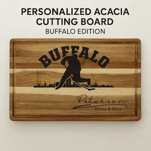 Buffalo Acacia Cutting Board Personalized for Hockey Fans with Gift Set Option
