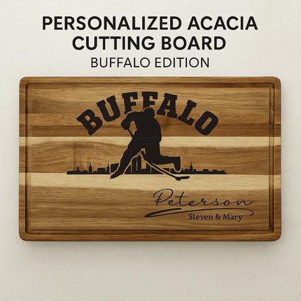 Buffalo Acacia Cutting Board Personalized for Hockey Fans with Gift Set Option