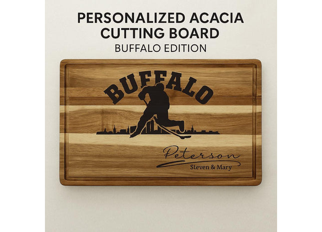 Buffalo Acacia Cutting Board Personalized for Hockey Fans with Gift Set Option