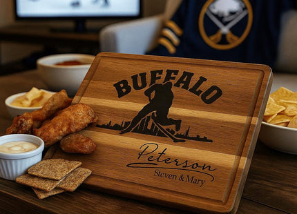 Buffalo Acacia Cutting Board Personalized for Hockey Fans with Gift Set Option