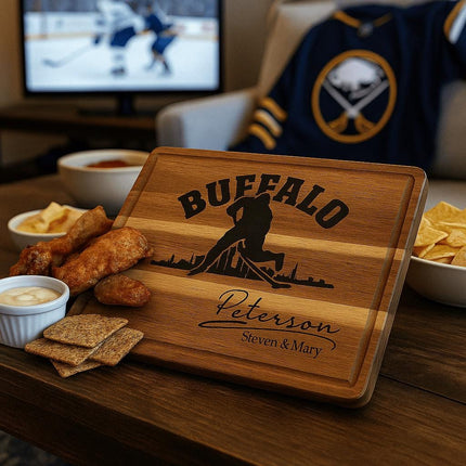 Buffalo Acacia Cutting Board Personalized for Hockey Fans with Gift Set Option