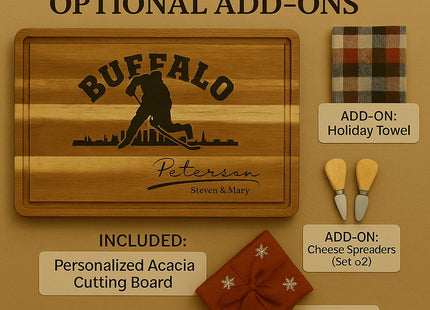 Buffalo Acacia Cutting Board Personalized for Hockey Fans with Gift Set Option