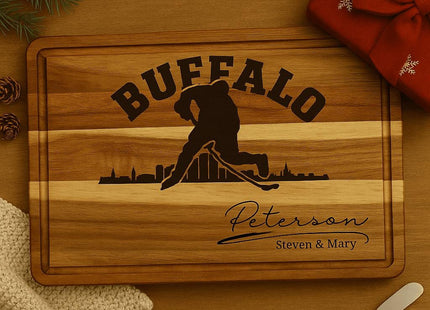 Buffalo Acacia Cutting Board Personalized for Hockey Fans with Gift Set Option