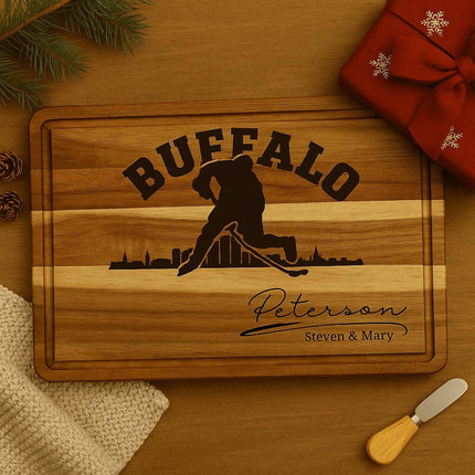 Buffalo Acacia Cutting Board Personalized for Hockey Fans with Gift Set Option