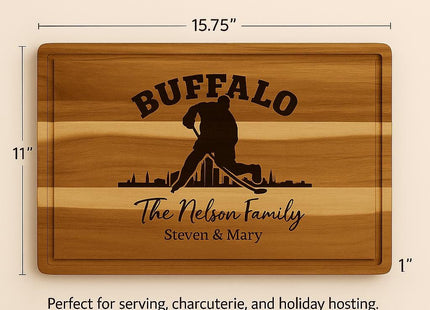 Buffalo Acacia Cutting Board Personalized for Hockey Fans with Gift Set Option