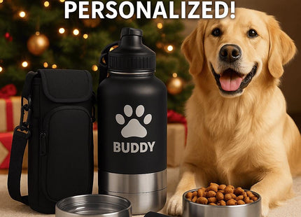 Personalized Dog Travel Water Bottle 3-in-1 | Custom Pet Name Bottle with Bowl & Treat Storage | Hiking Dog Water Bottle | Pet Travel Gift