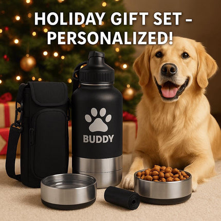 Personalized Dog Travel Water Bottle 3-in-1 | Custom Pet Name Bottle with Bowl & Treat Storage | Hiking Dog Water Bottle | Pet Travel Gift