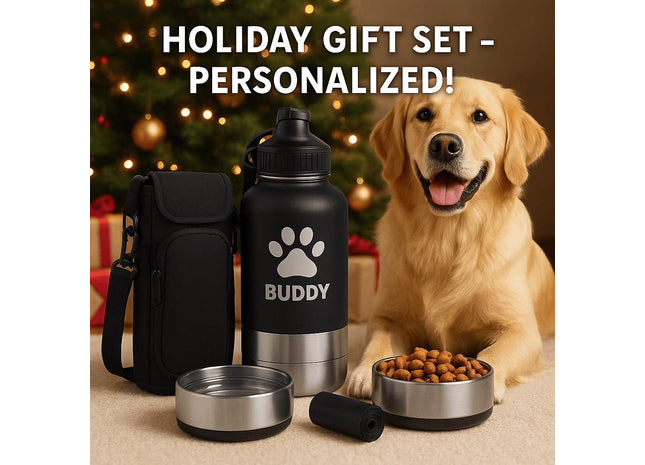 Personalized Dog Travel Water Bottle 3-in-1 | Custom Pet Name Bottle with Bowl & Treat Storage | Hiking Dog Water Bottle | Pet Travel Gift