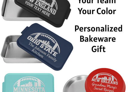 &quot;Four personalized aluminum bakeware pans in different colors and shapes with engraved football-themed designs on their lids. The black pan says &#39;New England – Your Text Here,&#39; the navy blue pan says &#39;Ohio State – The Johnson Family Kitchen,&#39; the light teal pan says &#39;Minnesota – No Fumbles in This Kitchen,&#39; and the red round pan says &#39;New Orleans – Grandma Mary’s Secret Recipes.&#39; Text on the right reads &#39;Your Team, Your Color, Personalized Bakeware Gift.&