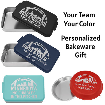 "Four personalized aluminum bakeware pans in different colors and shapes with engraved football-themed designs on their lids. The black pan says 'New England – Your Text Here,' the navy blue pan says 'Ohio State – The Johnson Family Kitchen,' the light teal pan says 'Minnesota – No Fumbles in This Kitchen,' and the red round pan says 'New Orleans – Grandma Mary’s Secret Recipes.' Text on the right reads 'Your Team, Your Color, Personalized Bakeware Gift.&