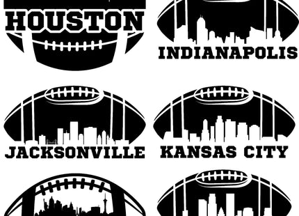 &quot;Set of six black football-themed skyline designs featuring bold city names beneath stylized football outlines. Each includes a distinct skyline silhouette representing: Houston, Indianapolis, Jacksonville, Kansas City, Las Vegas, and Los Angeles.&quot;