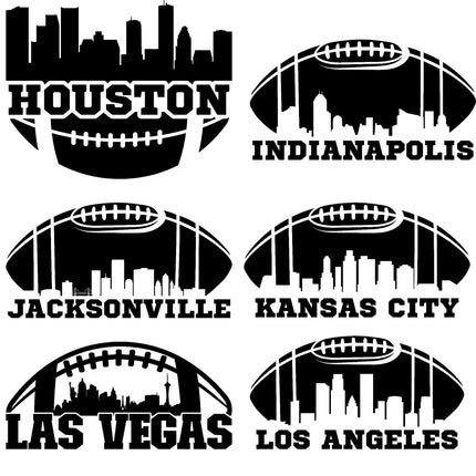 "Set of six black football-themed skyline designs featuring bold city names beneath stylized football outlines. Each includes a distinct skyline silhouette representing: Houston, Indianapolis, Jacksonville, Kansas City, Las Vegas, and Los Angeles."