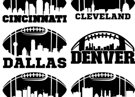 &quot;Collection of six black football-shaped skyline graphics with bold city names underneath. Each design includes a stylized football outline framing the cityscape. The cities featured are Cincinnati, Cleveland, Dallas, Denver, Detroit, and Green Bay.&quot;
