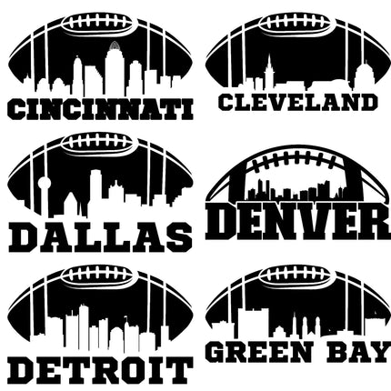 "Collection of six black football-shaped skyline graphics with bold city names underneath. Each design includes a stylized football outline framing the cityscape. The cities featured are Cincinnati, Cleveland, Dallas, Denver, Detroit, and Green Bay."