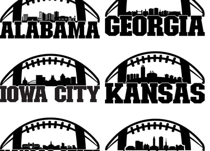 &quot;Set of six black football-themed skyline designs with bold text for different states and cities. Each design features a football shape framing a city skyline. The designs are labeled: Alabama, Georgia, Iowa City, Kansas, Kansas State, and Louisiana.&quot;