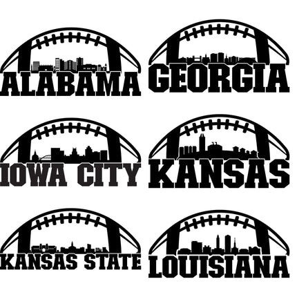 "Set of six black football-themed skyline designs with bold text for different states and cities. Each design features a football shape framing a city skyline. The designs are labeled: Alabama, Georgia, Iowa City, Kansas, Kansas State, and Louisiana."