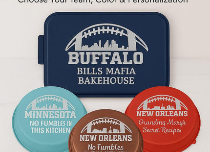 &quot;Set of personalized football-themed bakeware lids in various colors and designs displayed against a neutral background. The navy blue rectangular pan reads &#39;Buffalo Bills Mafia Bakehouse,&#39; while round lids in teal, brown, and red feature &#39;Minnesota No Fumbles in This Kitchen&#39; and &#39;New Orleans Grandma Mary’s Secret Recipes.&#39; Text above reads &#39;Shop the Collection – Choose Your Team, Color & Personalization.&#39;&quot;