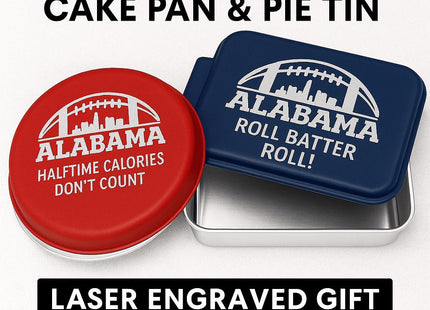Personalized cake and pie tins shown advertised as a laser engraved gift. Design is Alabama Football with powder coated lids.