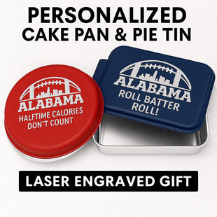 Personalized cake and pie tins shown advertised as a laser engraved gift. Design is Alabama Football with powder coated lids.