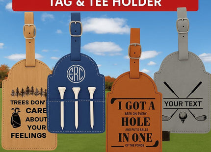 &quot;Four personalized leather golf bag tags and tee holders displayed against a golf course background under a blue sky. The designs include humorous and customizable engravings such as &#39;Trees don’t care about your feelings,&#39; a blue tag with initials &#39;ERC&#39; and white golf tees, an orange tag reading &#39;I got a beer on every hole and put balls in one of the ponds,&#39; and a gray tag with crossed golf clubs and customizable text. Red banners read &#39;PERSONALIZED GOLF BAG TAG
