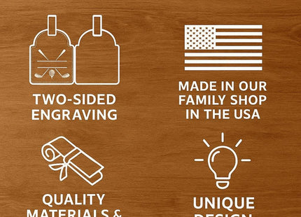&quot;Graphic on a wood background titled &#39;Why Choose Us?&#39; featuring four white line icons with text: two golf tags labeled &#39;Two-Sided Engraving,&#39; an American flag labeled &#39;Made in Our Family Shop in the USA,&#39; a rolled fabric icon labeled &#39;Quality Materials & Craftsmanship,&#39; and a lightbulb icon labeled &#39;Unique Design Options.&#39;&quot;