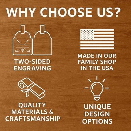 "Graphic on a wood background titled 'Why Choose Us?' featuring four white line icons with text: two golf tags labeled 'Two-Sided Engraving,' an American flag labeled 'Made in Our Family Shop in the USA,' a rolled fabric icon labeled 'Quality Materials & Craftsmanship,' and a lightbulb icon labeled 'Unique Design Options.'"
