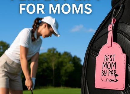 &quot;Pink leather golf bag tag engraved with &#39;Best Mom by Par&#39; attached to a black golf bag. In the background, a woman wearing a white cap, white polo, and khaki shorts is preparing to swing her golf club on a sunny green course. Text at the top reads &#39;Perfect Gift for Moms.&#39;&quot;