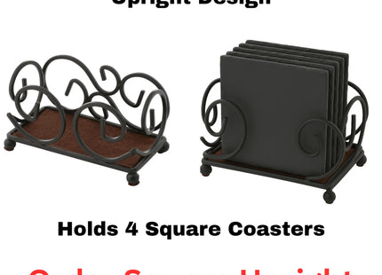 &quot;Two views of a black iron upright coaster holder with decorative swirl design and brown base, shown empty on the left and holding four square slate coasters on the right. Text reads: &#39;Black Iron Coaster Holder Upright Design – Holds 4 Square Coasters – Order Square Upright&#39; (with the last line in red).&quot;
