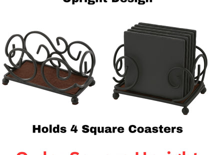 &quot;Two views of a black iron upright coaster holder with decorative swirl design and brown base, shown empty on the left and holding four square slate coasters on the right. Text reads: &#39;Black Iron Coaster Holder Upright Design – Holds 4 Square Coasters – Order Square Upright&#39; (with the last line in red).&quot;