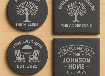 “Set of four personalized slate coasters displayed on a light wood background. Designs include ‘Mom & Dad – The Millers’ with a family tree, ‘Grandma & Grandpa – The Andersons’ with a matching tree, ‘Love Lives Here – Est. 2025’ with rocking chairs and sunset, and ‘Welcome to The Johnson Home – Est. 2025.’ Text at the bottom reads ‘Mom & Dad and Grandma & Grandpa Sets.’”