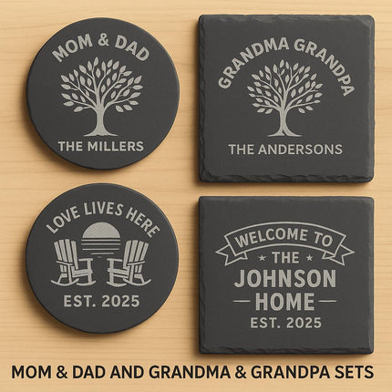 “Set of four personalized slate coasters displayed on a light wood background. Designs include ‘Mom & Dad – The Millers’ with a family tree, ‘Grandma & Grandpa – The Andersons’ with a matching tree, ‘Love Lives Here – Est. 2025’ with rocking chairs and sunset, and ‘Welcome to The Johnson Home – Est. 2025.’ Text at the bottom reads ‘Mom & Dad and Grandma & Grandpa Sets.’”