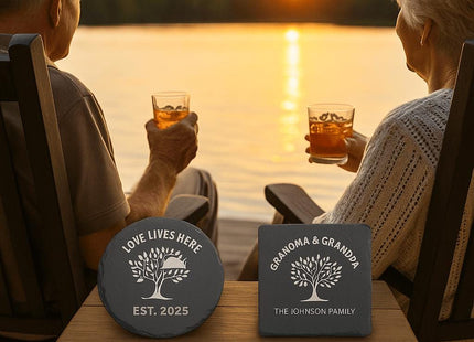 Personalized 4" Slate Coasters for Parents or Grandparents | Set of 4 Unique Designs with Optional Holder | Laser Engraved Gift for Family