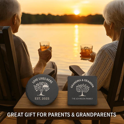Personalized 4" Slate Coasters for Parents or Grandparents | Set of 4 Unique Designs with Optional Holder | Laser Engraved Gift for Family