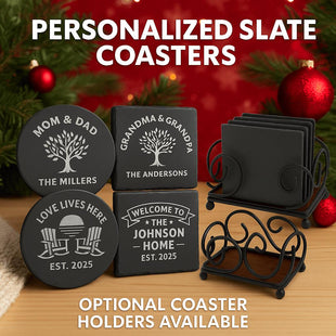 &quot;Personalized slate coaster set featuring round and square coasters engraved with family names and designs such as trees, Adirondack chairs, and home banners. Text reads &#39;Personalized Slate Coasters&#39; and &#39;Optional Coaster Holders Available.&#39; Coasters are displayed on a wooden surface with festive holiday decorations and metal holders in the background.&quot;