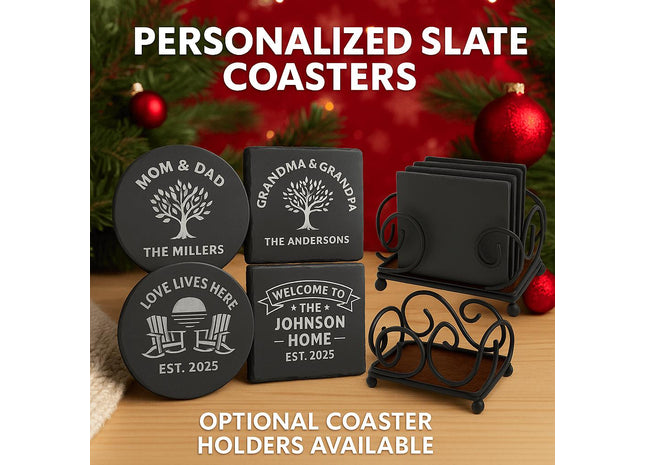 &quot;Personalized slate coaster set featuring round and square coasters engraved with family names and designs such as trees, Adirondack chairs, and home banners. Text reads &#39;Personalized Slate Coasters&#39; and &#39;Optional Coaster Holders Available.&#39; Coasters are displayed on a wooden surface with festive holiday decorations and metal holders in the background.&quot;
