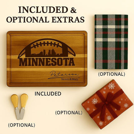 "Flat lay image showing a personalized Minnesota football cutting board engraved with a skyline and football design labeled 'Peterson • Steven & Mary.' Text above reads 'Included & Optional Extras.' The cutting board is shown with optional accessories: two cheese spreader knives, a plaid towel, and a red snowflake-patterned gift box with ribbon. The board itself is labeled 'Included,' while the others are marked 'Optional.'"