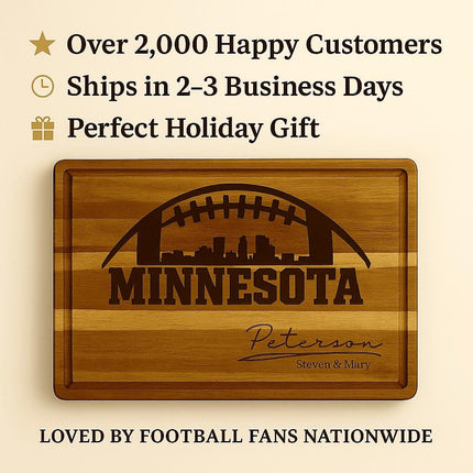"Personalized Minnesota football cutting board made of striped acacia wood, engraved with a football and city skyline design along with the name 'Peterson – Steven & Mary.' Text above highlights key selling points: 'Over 2,000 Happy Customers,' 'Ships in 2–3 Business Days,' and 'Perfect Holiday Gift.' Below the board, text reads 'Loved by Football Fans Nationwide.'"