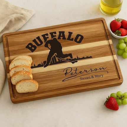 Buffalo Acacia Cutting Board Personalized for Hockey Fans with Gift Set Option
