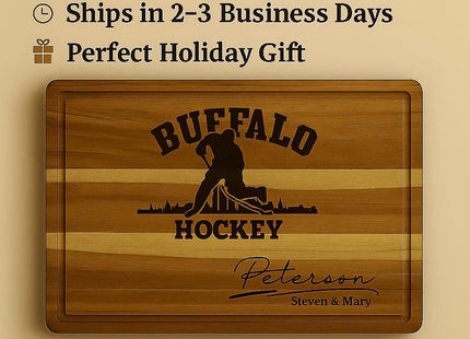 Buffalo Acacia Cutting Board Personalized for Hockey Fans with Gift Set Option