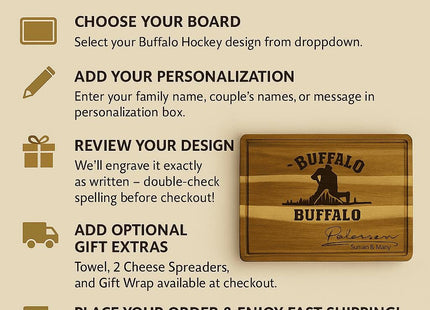 Buffalo Acacia Cutting Board Personalized for Hockey Fans with Gift Set Option