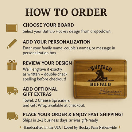 Buffalo Acacia Cutting Board Personalized for Hockey Fans with Gift Set Option