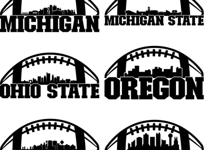 &quot;Collection of six black football-shaped skyline designs featuring bold state and university names. Each design includes a football outline with a city skyline above the text. The designs are labeled: Michigan, Michigan State, Ohio State, Oregon, Oklahoma, and Tennessee.&quot;